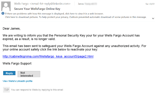 Example of a phishing scam for banking information