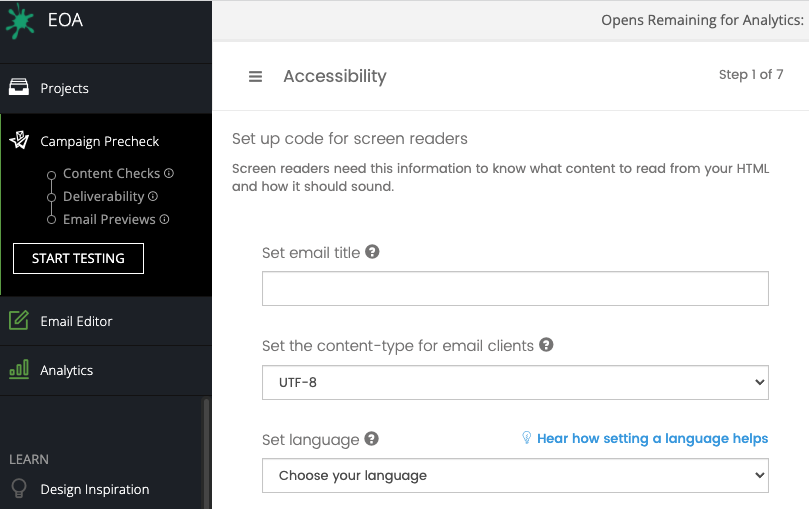 Setting content-type to UTF-8 in the Email on Acid platform.