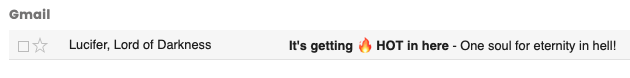 Subject line from Satan with flame emoji